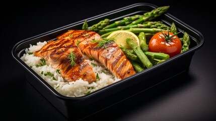 Wall Mural - A black container filled with rice, asparagus and salmon