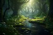 Magical woodland with lush greenery and a mysterious atmosphere. Generative AI