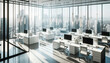 Modern open space office interior with panoramic city view. Generative AI