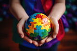 Girl holding rainbow colored puzzle Earth globe in her hands