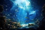Fototapeta Do akwarium - Underwater world at depth coral reefs many different types of fish life under water