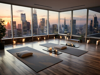 Wall Mural - modern yoga room with a panoramic city view. Generative AI