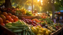 Shopping Cart Filled With A Colorful Array Of Fresh, Organic Fruit And Vegetables In A Local Market, Shop Shelves Overwhelmed With Fresh Tropical Fruit And Vegetables  