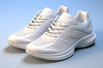 The shot of a white running sport sneaker shoe pair isolated on a white  orange  grey  blue background. Generative AI.