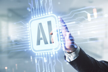 Wall Mural - double exposure of man hand presses on creative artificial intelligence icon on blurred office backg