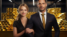 Smiling Business Woman And Man Dressed In Suits In Front Of Many Gold Bars