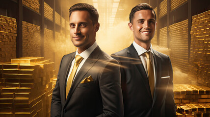 Two businessmen dressed in suits in front of many gold bars