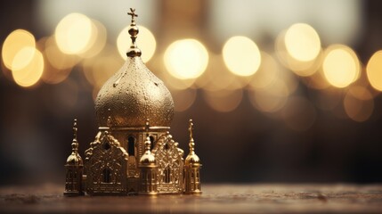 Canvas Print - A golden model of a church sits on a table, AI