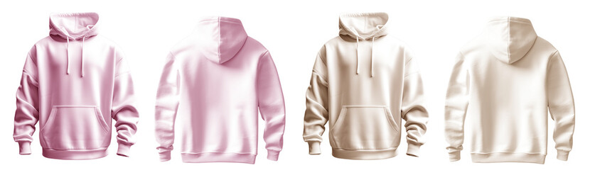 2 Set of pastel light pink beige front and back view tee hoodie hoody sweatshirt on transparent background cutout, PNG file. Mockup template for artwork graphic design

