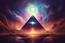 Mystical Pyramid With All-seeing Eye Surrounded By Cosmic Background. Generative AI