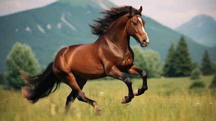 Poster - The bay horse gallops on the grass