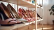 Women shoes on shelving unit in store.