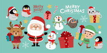 Santa Claus, Deer, Snowman, Owl, Penguin, Elf, Cat And Xmas Gift. Animal In Winter Costume And Christmas Cartoon Character. -Vector