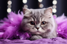 Scottish Fold Cat In New Years Mask And Feather Boa Background With Empty Space For Text 
