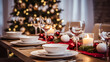 © Savvy Virtu Studios - Elegant Table Set for Christmas Feast, Enhanced by Candles and Christmas Trees, Creating a Joyful and Pleasant Christmas Atmosphere. HQ 4K