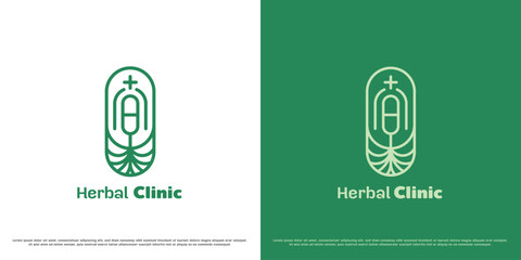 Wall Mural - Herbal clinic logo design illustration. Silhouette of a pill, a destination for a pharmacy shop for herbal health medicine elixir extract natural plants. Minimalist line art simple flat icon concept.