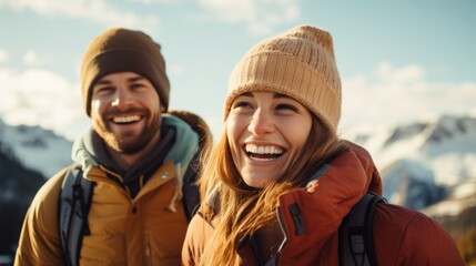 Canvas Print - A couple smiling while hiking in the mountains, AI