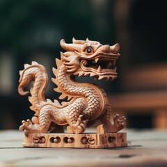 Canvas Print - A wooden dragon figurine on a table, AI