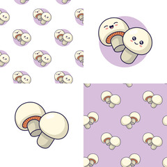 Canvas Print - Set of Cute Kawaii Mushrooms patterns. Food vegetable flat icon. Cartoon Mushrooms seamless pattern. Vector hand drawn illustration. Patterns for kids clothes. Mushrooms patterns collection