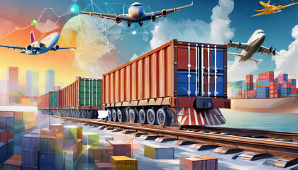 Global business of Container Cargo freight train for Business logistics concept, Air cargo trucking, Rail transportation and maritime shipping, Online goods orders worldwide