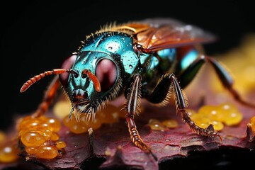 Canvas Print - An AI illustration of a blue and green insect with lots of orange beads on it