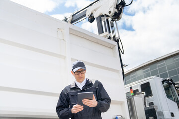 Poster - Manager with a digital tablet next to garbage truck