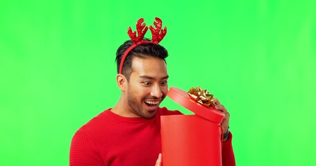 Poster - Christmas, gift and happy man in green screen studio with surprise present on mockup background. Festive, box and excited male with wow expression, smile and holiday package in celebration of holiday