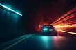 a vehicle passing through a lit tunnel with neon lights and another vehicle on opposite side. Generative AI