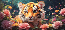 Tiger, Cute Colorful Baby Tiger, Fantasy Flower Splashes Background.