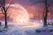 Dynamic glowing streaks encircling miniature winter scene amid pastel backdrop. Generative AI