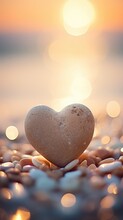 A Heart Shaped Stone Is Placed On The Beach At Sunset, AI
