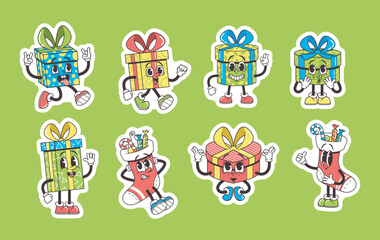 Wall Mural - Set of Stickers Retro Groovy Style Gift Box Characters Radiates Nostalgia And Funky Flair. Cartoon Presents Personages