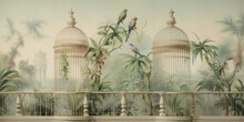 Green Tropical Landscapes With Birds And Birds In Cages Wallpaper