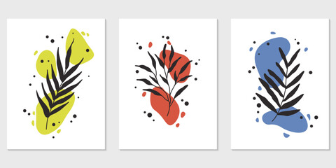 Leinwandbilder - Triptych of foliage, abstraction, bright color against the background, silhouette of exotic castings. Leaves and branch on an abstract background. A set of three paintings.