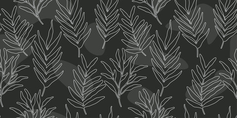 Poster - Background of plants leaves, branches. Floral pattern of leaf shapes on a dark background. For seamless print, decoration, pillows, notebooks, packaging, textiles.