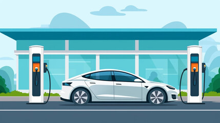 Wall Mural - copy space, flat 2D vector illustration, hand drawn, copy space, electric cars charging at Modern fast electric vehicle chargers in carpark. Green energy, renewable energy, sustainable energy. Electri