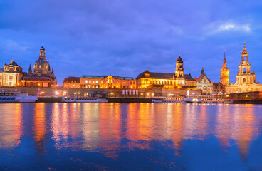 Canvas Print - Embankment of Dresden and river Elbe at night, Germany, retro toned