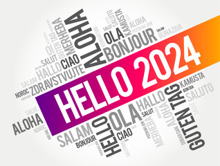 Sticker - Hello 2024 word cloud in different languages of the world, concept background