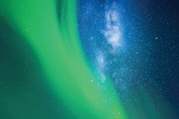 Poster - blue night starry sky. milky way, polar lights. green aurora borealis