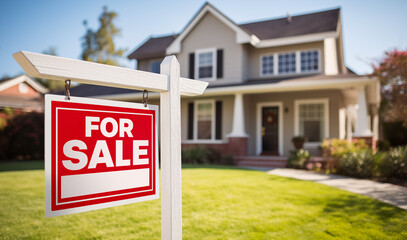 FOR-SALE yard sign for real estate home for sale stock photos. In focus Yard Sign with blurred house in background