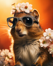 Cool Chipmunk Portrait In Sunglasses With Flowers On Head