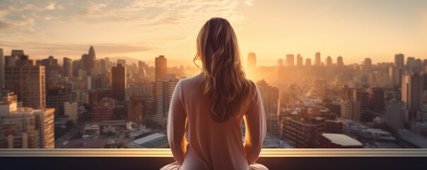 Wall Mural - Portrait of a woman meditating on a deck overlooking a city at golden hour