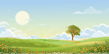 Spring Green Fields Landscape With Mountain, Blue Sky And Clouds Background,Panorama Peaceful Rural Nature In Springtime With Green Grass Land. Cartoon Vector Illustration For Spring And Summer Banner