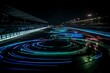 An illuminated Formula 1 racetrack during nighttime. Generative AI