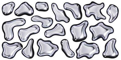 3d chrome metal organic fluid shapes. Abstract liquid mercury metallic icon. 3d rendering aluminum gradient shape design element isolated on white background. Brutalist futuristic style