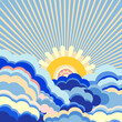 A vector illustration of 90s groovy posters in a cartoon psychedelic style.Boho and hippie design,featuring vibrant  retro elements and trippy landscapes. Clouds, sea ,sun rays and psychedelic waves.