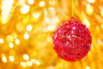 Wall Mural - Christmas defocused lights. Red background. Christmas and New Year holidays wallpaper.