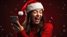 Joyful Christmas News: A Girl In A Santa Hat, Overjoyed By Good News On Her Smartphone, Celebrates The Holiday With Excitement And Cheer