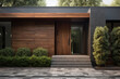 © barmaleeva - Contemporary exterior of home with dark ceramic tiles as siding of house and tall front door. Generative AI