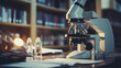 A detailed professional microscope setup on a desk with vials with a backdrop of books, evoking scholarly research ambiance.